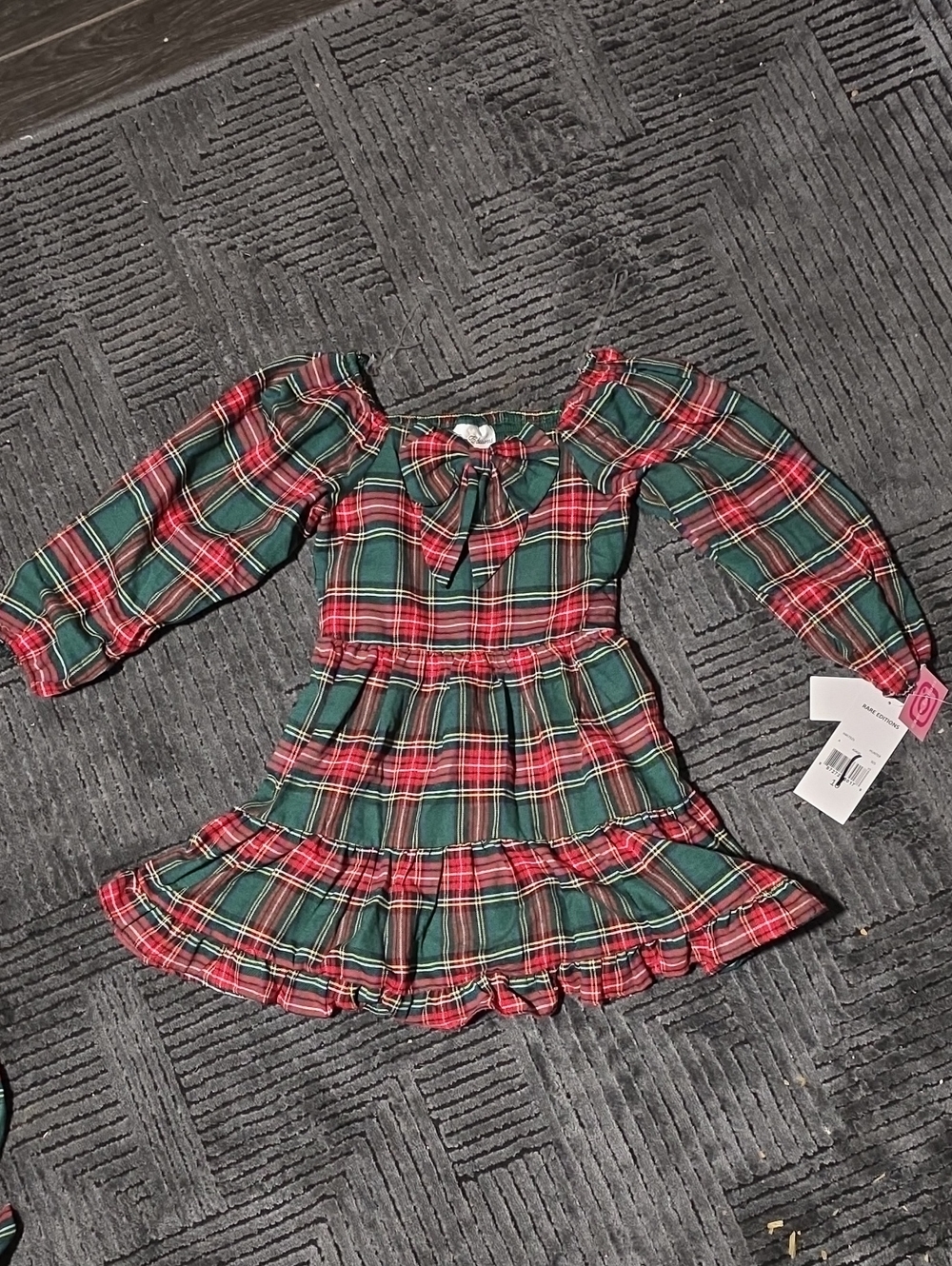 Rare Editions Green and Red Plaid Tiered Long Sleeve Dress